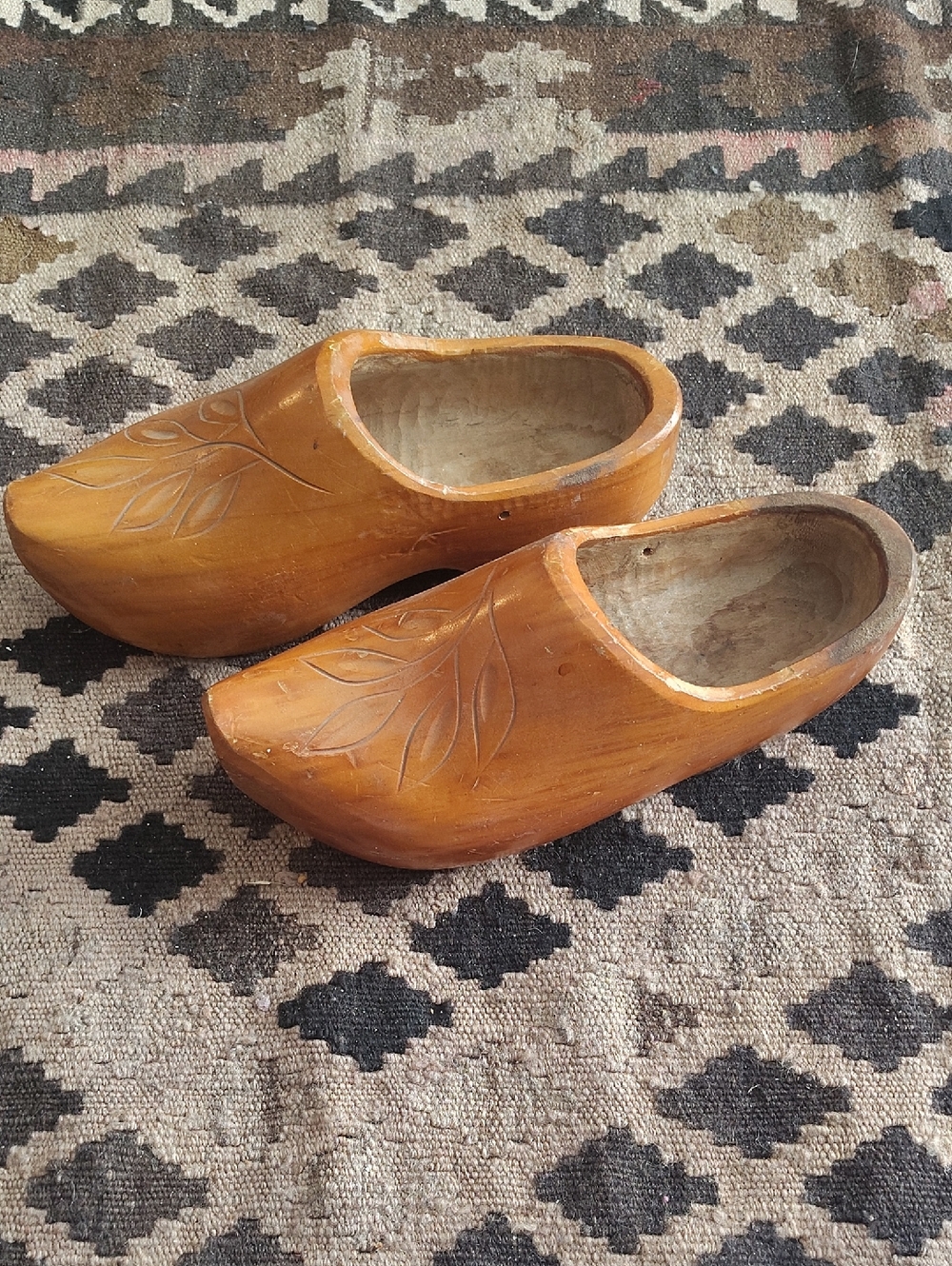 Carved Wooden Clogs with Leaf Motif - Warm Honey Brown